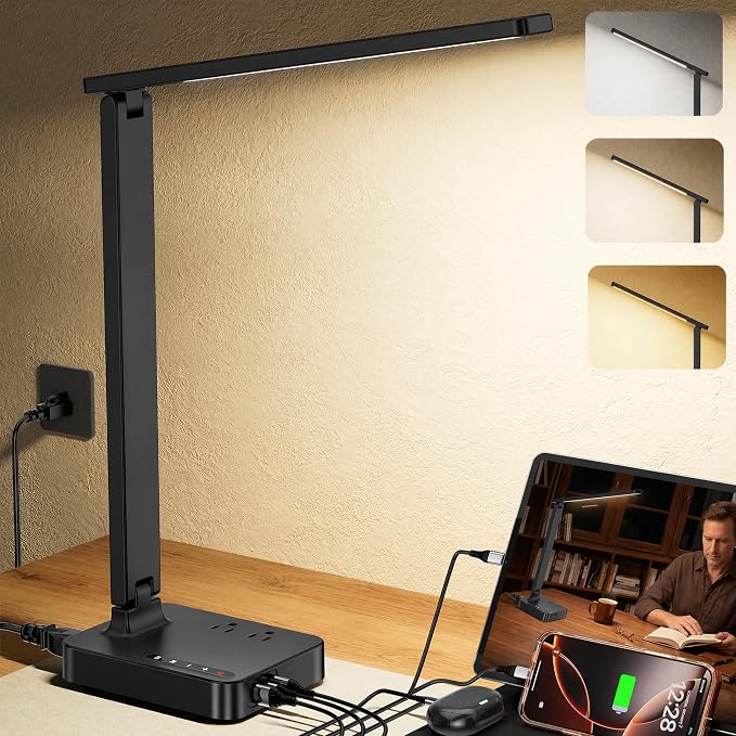 COZOO LED Desk Lamp with 3 USB Charging Ports,2 AC Outlet,3 Color Modes 3 Brightness Levels,Touch/Memory/Timer Function,Eye-Caring Home Office Foldable Natural Light Task Lamp for Reading,Study,Crafts