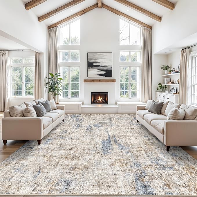 10x14 Large Rug Living Room – Washable Neutral Modern Abstract Rug for Bedroom Dining Room Home Office – Soft Thin Low Pile Non-Slip Big Carpet (Blue Brown)