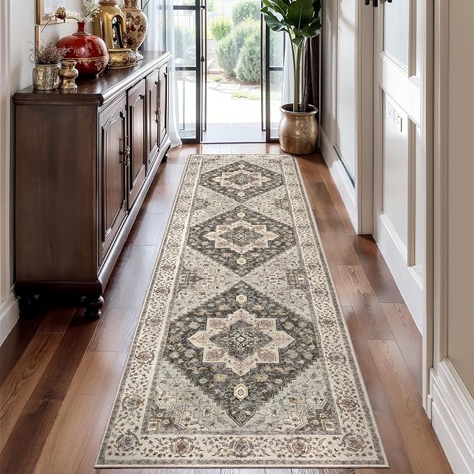 Tangsoo 2.6x10 Hallway Runner Rugs, Washable Runner Rug for Hallways Non Slip Farmhouse, Vintage Soft Low Pile Long Rug Runner, Indoor Carpet Runners for Living Room Kitchen Bedroom Entryway Grey