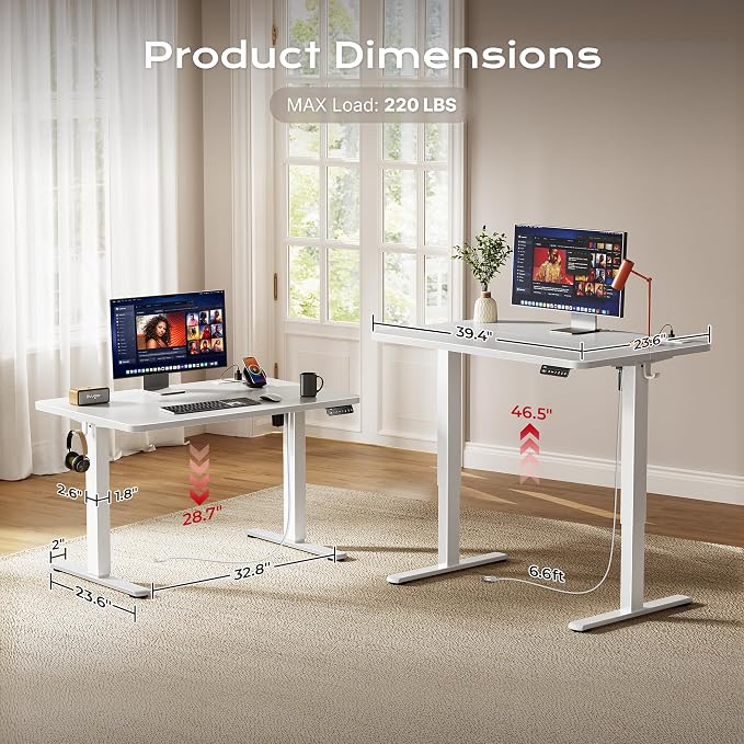 Huuger Electric Standing Desk with Power Outlets and USB-C Port, 39 X 24 Inch Height Adjustable Desk, Sit Stand Desk for Home Office, Computer & Gaming Desk with 4 Presets, Stable Steel Frame, White