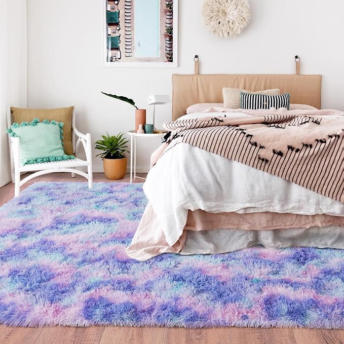 Rugs for Living Room 5x7, Soft Shaggy Modern Shag Area Rug for Bedroom, Upgrade Non-Slip Plush Fluffy Carpet for Kids Boys Girls Room Home Decor Aesthetic, Rainbow Purple