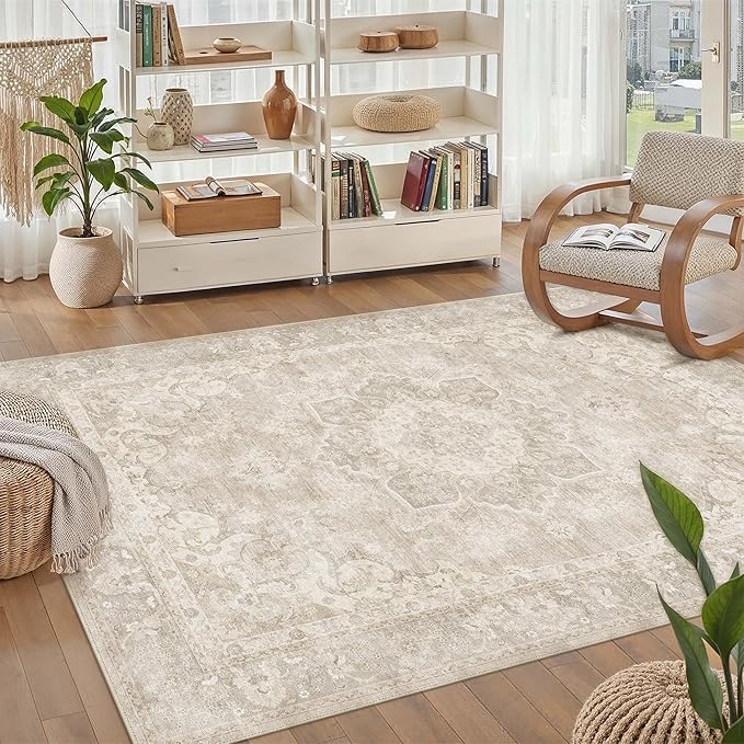 PureCozy Beige 3x5 Area Rug Washable Vintage Office Carpet Non Slip Low Pile Indoor Entryway Door Mat Soft Retro Oriental Medallion Accent Throw Rug for Bathroom Office Bedroom Living Room