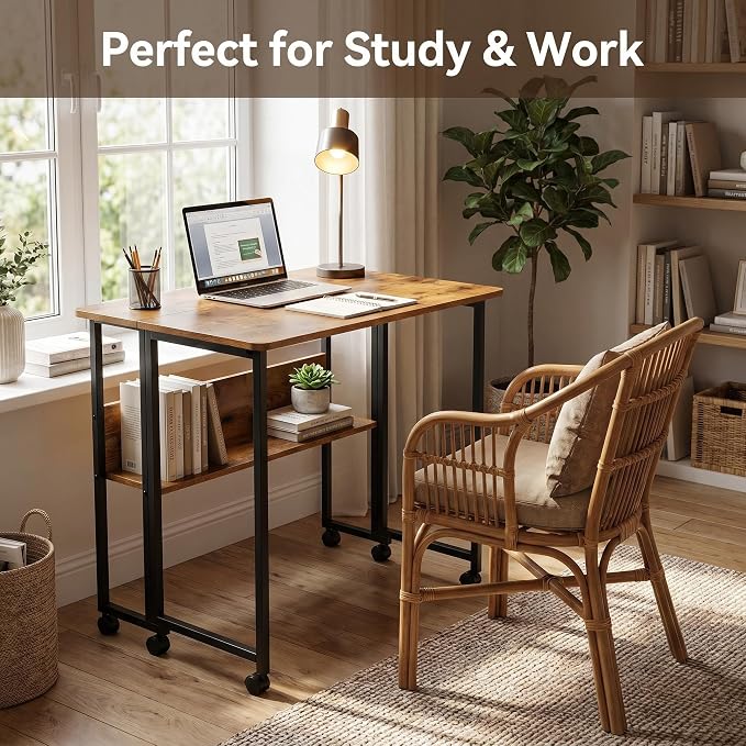 Mobile Foldable Desk w/Wheels and Feet Pads, Foldable Computer Desk, Folding Desk, Small Computer Desk for Small Spaces, Folding Table for Office Bedroom Living Room-Rustic Brown