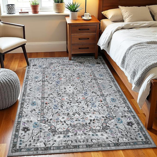 Vasofe 3x5 Area Rug for Bedroom, Washable Rugs for Living Room, Laundry, Kitchen, Vintage Floral Indoor Non Slip Carpet Farmhouse Grey Throw Carpets Soft Low Pile Mat for Dorm Bedside Entryway Office