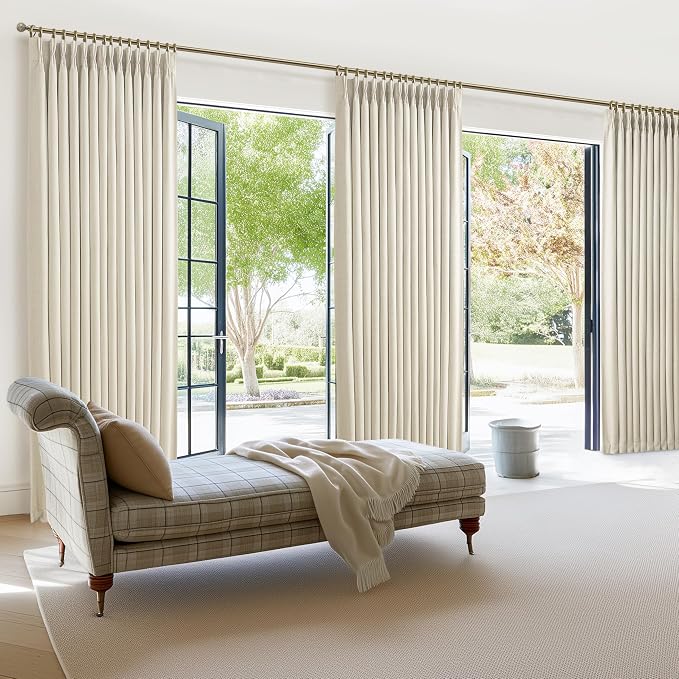 Extra Long 120 Inch Blackout High Ceiling Curtains for Living Room 2 Panel Set, Memory Trained Pinch Pleated Ivory Beige Two Layer Linen Soundproof Heat Blocking Boho Windows Curtain 10FT Length Cream