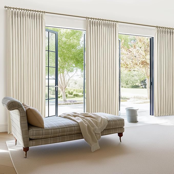 70 Inch Extra Wide Pinch Pleated Curtains 84 Inches Long 2 Panels Set for Living Room, Cream Memory Shape Pleat Blackout Dual Layer Linen Farmhouse Insulated Noise Reducing Windows Drapes 7 FT Length