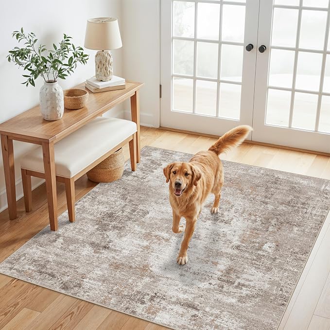 4x4 Square Entryway Rug Washable – Non-Slip Small Area Rug for Kitchen or Bathroom, Soft Low-Pile Indoor Mat, Modern Abstract Thin Door Carpet (Beige Grey)