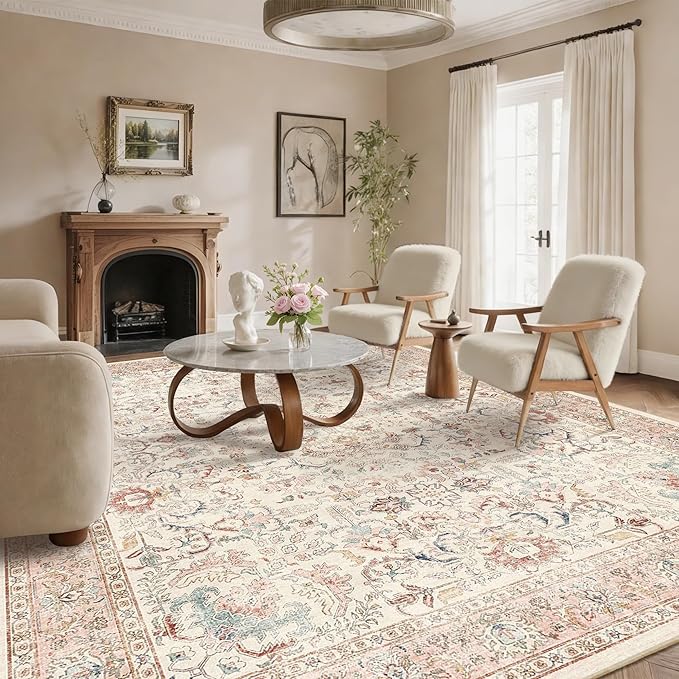 9x12 Pink Washable Area Rugs for Living Room Non Slip Low Pile Vintage Boho Throw Rug Soft Retro Distressed Floral Large Carpet Indoor Farmhouse Decor for Bedroom Dining Room Office Kitchen Playroom