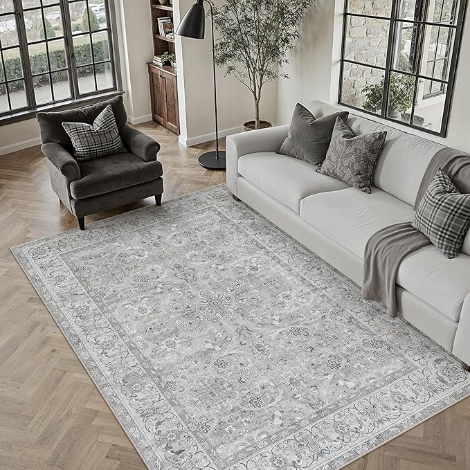 PureCozy Gray 5x7 Area Rug Washable Vintage Living Room Carpet Bedroom Indoor Non Slip Soft Low Pile Thin Stain Resistant Distressed Accent Throw Rug for Dining Office Nursery