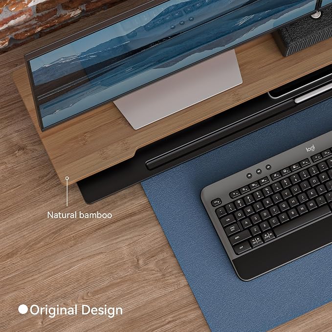 42.5” Dual Monitor Stand Desk Shelf with Phone Tablet Holder | Monitor Riser for 55-72 Inch Desk Cozy Computer Setup Workplace Organizer Keyboard Storage Compact Ergonomic Black