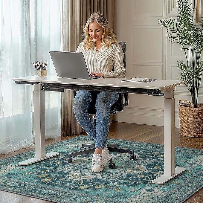 36"x60" Office Chair Mat for Hardwood Tile Floor, Under Desk Carpet Protector for Rolling Computer Chair Mat, Machine Washable Area Rug, Anti-Slip 1/5" Thick Low Pile Thin Vinyl Floor Mat, Turquoise