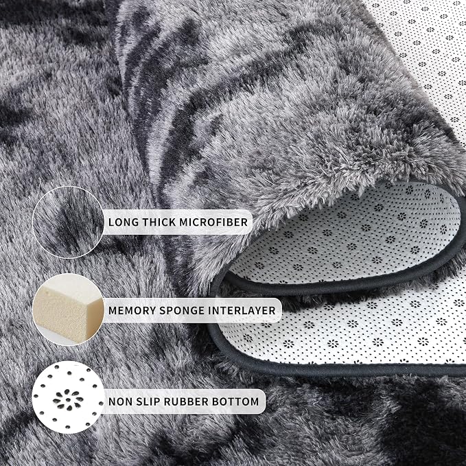 Tepook Fluffy Runner Rugs for Bedroom Aesthetic 2x6 Feet, Shag Soft Bedside Rug with Non-Slip Bottom, Fuzzy Plush Carpet for Room, Hallway Rug for Nursery Dorm Indoor Home Decor, Tie-dye Dark Grey