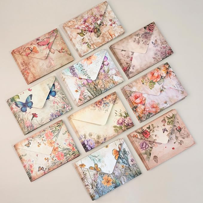Stationery Paper Envelopes Set 160 Pcs - 50 Lined Writing Paper, 50 Envelopes, 60 Dot Stickers, Vintage/Floral/Leaf/Watercolor Multi-Style Options (STATIONERY-160PCS-VINTAGE)