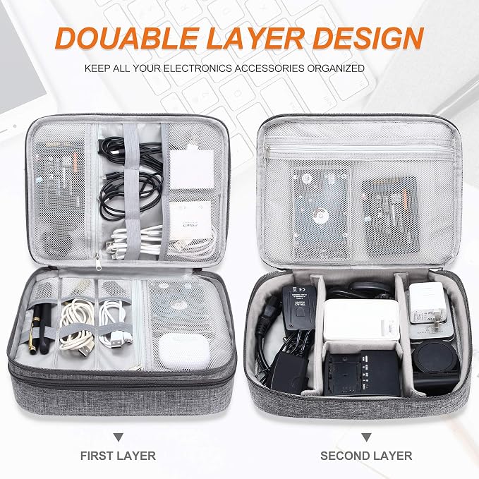 SELLYFELLY Electronic Bag Travel Cable Accessories Bag Waterproof Double Layer Electronics Organizer Portable Storage Case for Cable, Cord, Charger, Phone, Adapter, Power Bank, Kindle, Hard Drives