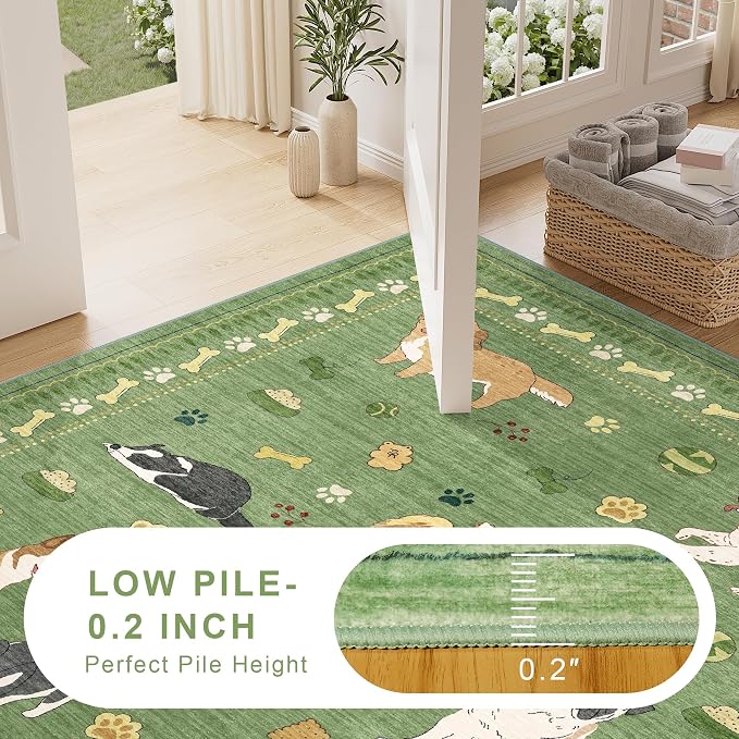 DUKINO 2x6 Washable Runner Rug for Hallway, Non Slip Animal Dog Kitchen Rug with Low Pile Design, Ultra Soft & Stain Resistant Indoor Carpert Runner for Entryway, Bedroom, Laundry, Bathroom, Green