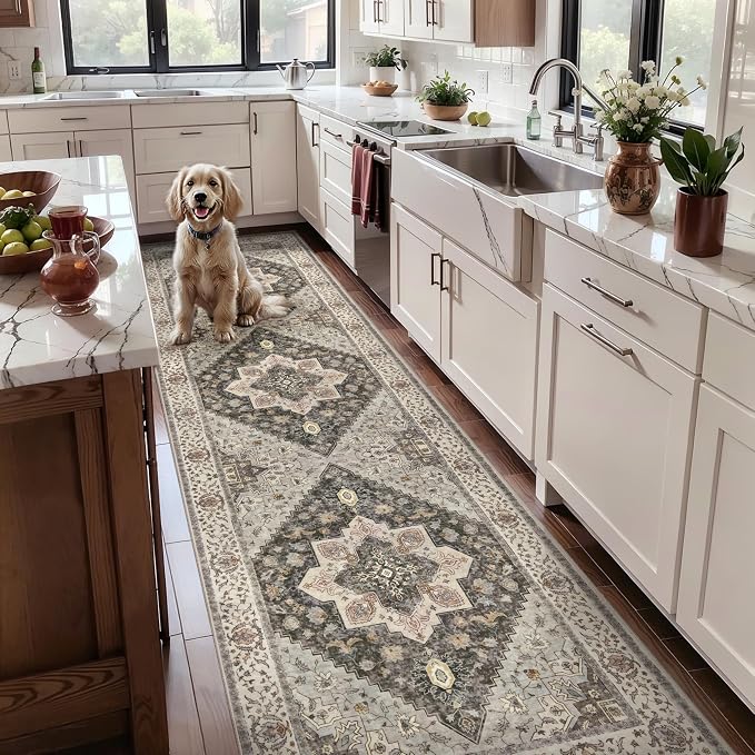 Tangsoo 3x10 Runner Rug for Hallway Farmhouse Long Washable Hallway Runner Rugs, Non Slip Vintage Soft Low Pile Rug Runner, Indoor Oriental Carpet Runners for Living Room Kitchen Bedroom Entryway Grey