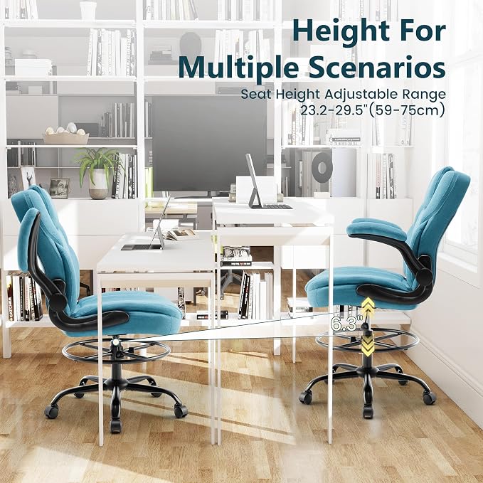 Drafting Chair 500Lbs, Tall Office Chair for Standing Desk, Fabric Executive Office Chair with Flip-up Armrests, Ergonomic High Chair with Adjustable Foot Ring, Comfy Stool Chairs, Blue