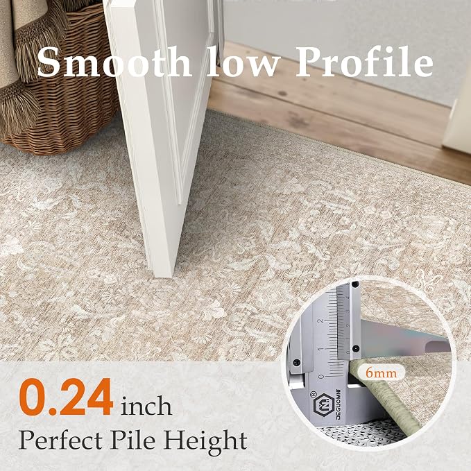 PureCozy Washable Area Rug 2x3, Small Non-Slip Beige Entryway Door Mat Vintage Low Plie Thin Indoor Kitchen Bathroom Rug Retro Accent Throw Entrance Bedroom Office Carpet