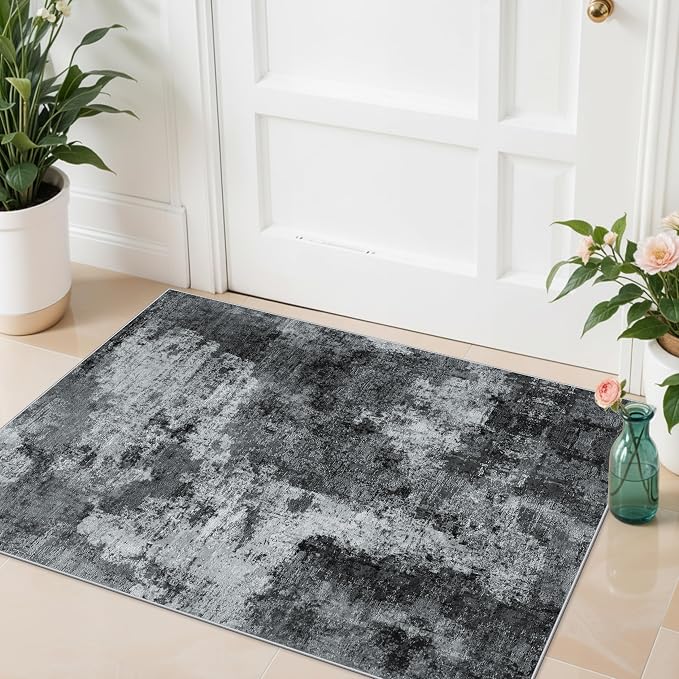 2x3 Rugs for Entryway Washable Abstract: Small Kitchen Rug Modern Non-Slip Front Door Mat for Bathroom Sink Bedroom – Soft Low Pile Thin Indoor Throw Carpet for Neutral Home Decor (2X3 Black-Grey)