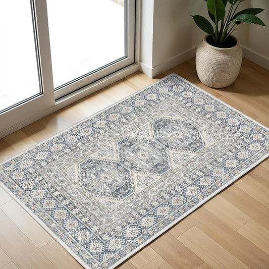 Washable Area Rug Non Slip - 2x3 Small Kitchen Boho Rug Vintage Entryway Low Pile Carpet for Doormat Blue (Blue, 2x3)