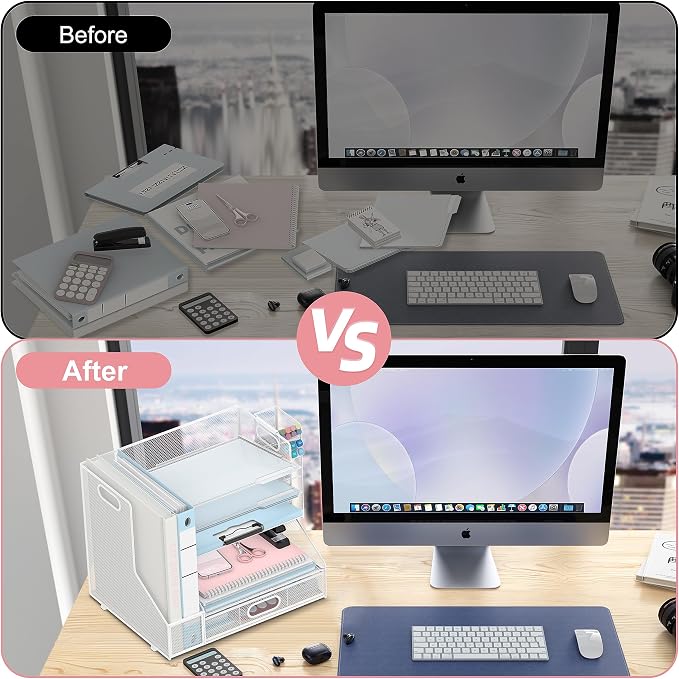 Desk Organizer with 5 Tier File Holder and Sliding Drawer Pen Holder White | Paper Letter Tray with 3 Tilted File Sorters to Keep Desk Accessories and Office Supplies within Reach