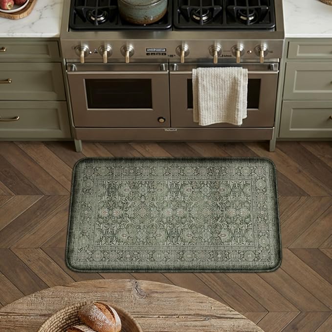 PureCozy Kitchen Mats 2PCS Anti Fatigue Cushioned Mat Green Vintage Kitchen Mats for Floor Waterproof Non Slip Comfort Standing Distressed Rug for Sink Laundry Office 17.3"x47"+17.3"x30"