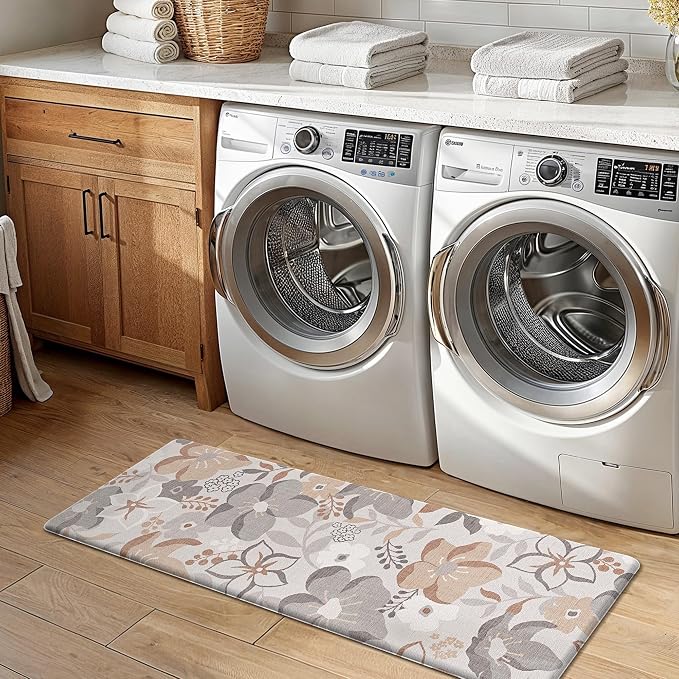 GENIMO Anti Fatigue Kitchen Mats for Floor 2PCS, Cushioned Standing Mats | 17.3"x47"&17.3"x30", Grey vintage floral rug set, waterproof, non slip, easy-clean for farmhouse