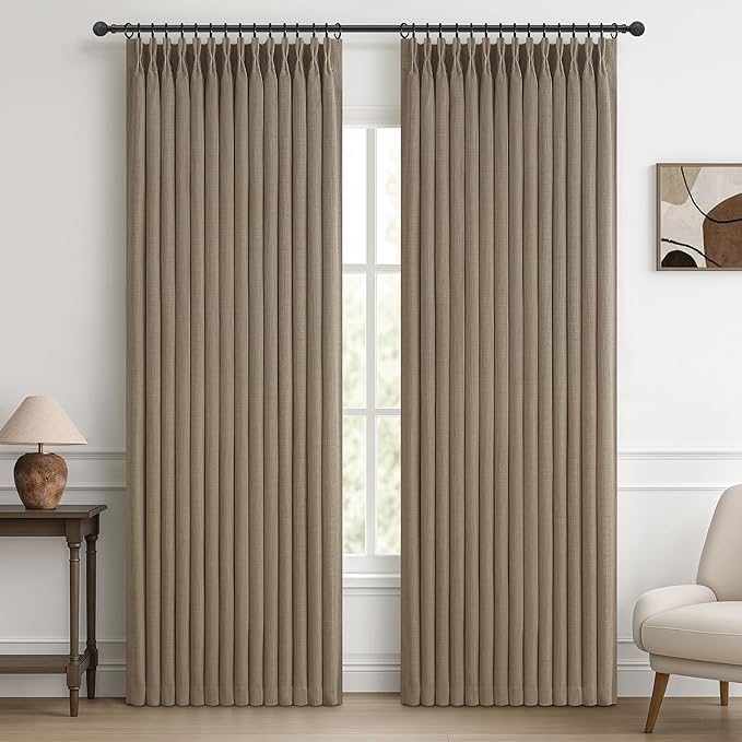 Double Layer Thick Burlap Viral Pinch Pleated Drapes 84 Inch Length 2 Panels Set for Living Room, Country Farmhouse Memory Trained Blackout Linen Curtains UV Blocking 40 x 84 Inches Tan Window Curtain