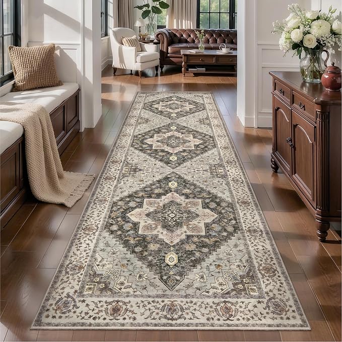 Tangsoo 3x10 Runner Rug for Hallway Farmhouse Long Washable Hallway Runner Rugs, Non Slip Vintage Soft Low Pile Rug Runner, Indoor Oriental Carpet Runners for Living Room Kitchen Bedroom Entryway Grey