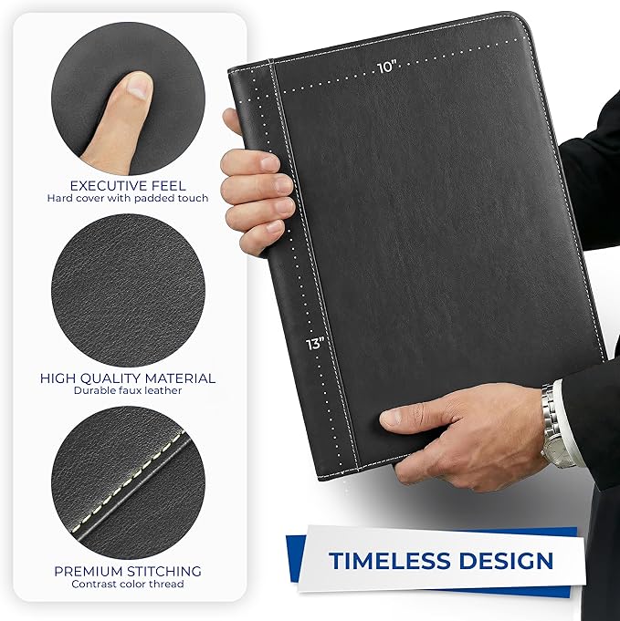 Samsill Contrast Stitch Faux-Leather Padfolio, Business Portfolio for Men and Women, Resume Document Organizer with 8.5 x 11 Inch Writing Pad, Black