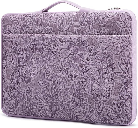 Kinmac Embossed PU Leather 360° Heavy Duty Protective Laptop Sleeve with Poacket (Purple Flower, 16 inch-16.2 inch)