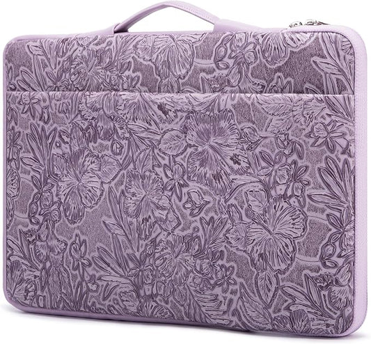 Kinmac Embossed PU Leather 360° Heavy Duty Protective Laptop Sleeve with Poacket (Purple Flower, 15 inch-15.6 inch)