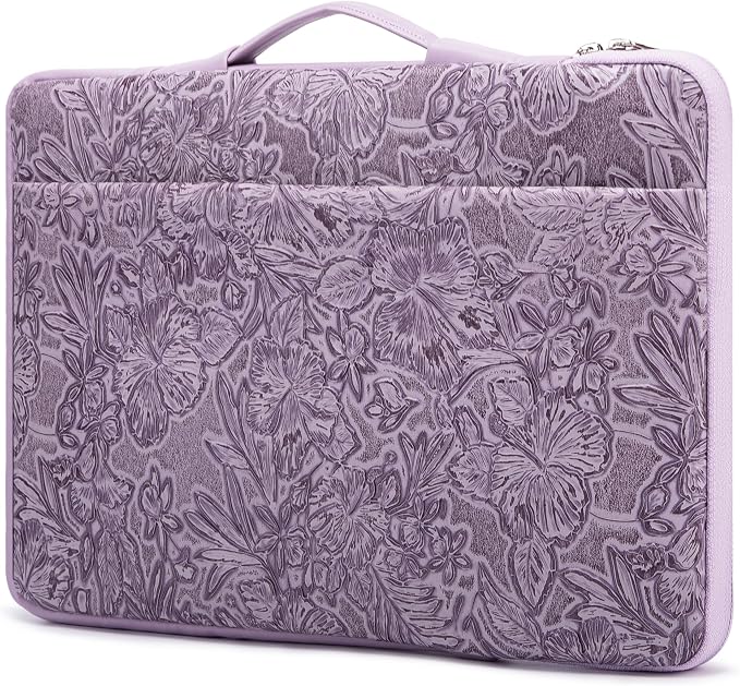 Kinmac Embossed PU Leather 360° Heavy Duty Protective Laptop Sleeve with Poacket (Purple Flower, 12.5 inch-13.6 inch)