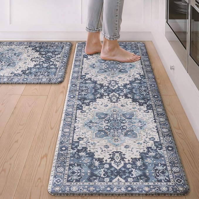 GENIMO Anti Fatigue Kitchen Mats for Floor 2PCS, Cushioned Standing Mats | 17.3"x47"&17.3"x30", Navy Blue vintage boho rug set, waterproof, non-slip, easy-clean for home laundry sink farmhouse