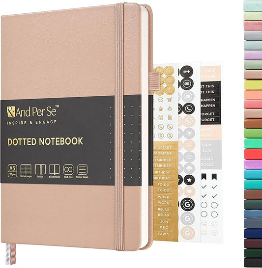&And Per Se Dotted Journal Notebook, A5 Hardcover Leather Dotted Journal, 160 Pages 100gsm Thick Dot Grid Paper, 3 Sheets of Stickers Included - 5.7'' x 8'' (Apricot)