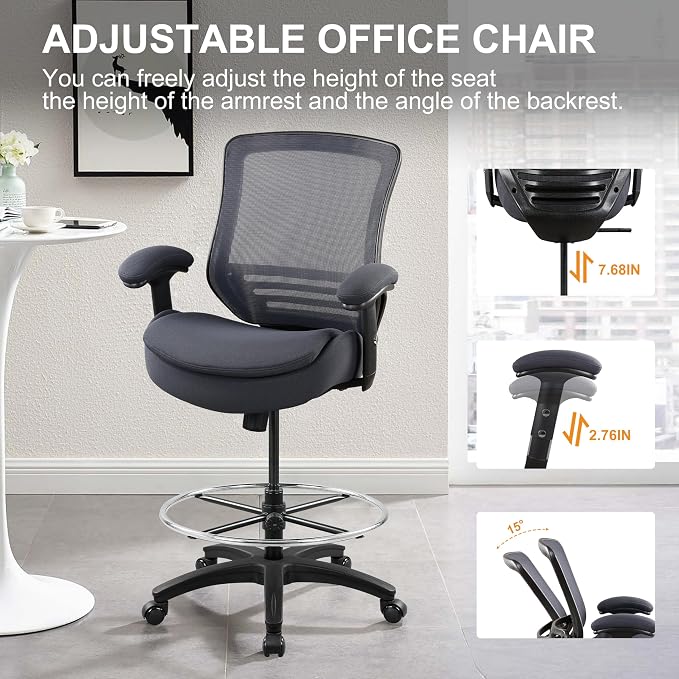 400lbs Office Drafting Chair Wide Dual Seat Cushion Height Adjustable Armrest for High Standing Desk with Lumbar Support and Enlarged Adjustable Footrest (Black Frame Gray Fabric)