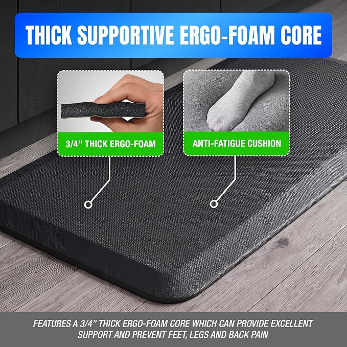 NewLife by GelPro Ergo-Foam Cushioned Anti-Fatigue Standing Kitchen Floor Mat, Padded Stain-Resistant, Waterproof, Non-Slip Comfort Padded Desk/Office Mat - 20" x 32", Grasscloth Charcoal