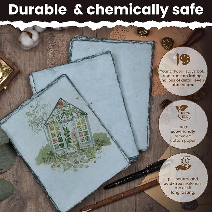 LEATHER VILLAGE Watercolor Paper - 12 X 16 inches, 50 Sheets - Mixed Media Watercolor Paper - 150 GSM Thick Deckle Edge Virgin Cotton Handmade Paper - Grey Toned