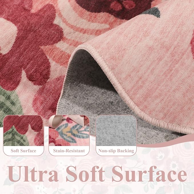 DUKINO 2.6x10 Runner Rug for Hallway, Lightweight Washable Floral Kitchen Rug with Non Shedding, Soft Low Pile & Non Slip Backing Boho Runner for Entryway, Bathroom, Laundry, Bedroom, Pink
