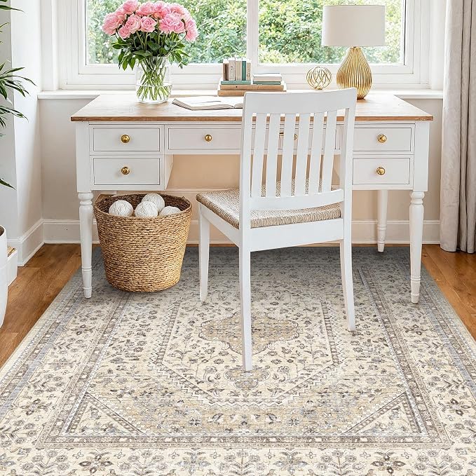 5X5 Square Rug for Living Room - Washable Kitchen Area Rug with Non Slip Rubber Backing for Bedroom Indoor Soft Stain Resistant Carpet Desk Rug for Pet-Friendly and Kitchen Decor Beige/Gray