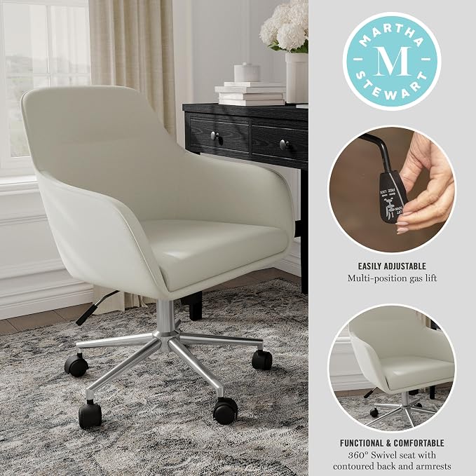 Martha Stewart Rayna Swivel Task Chair with Flared Arms for Home Office in Light Gray Fabric with Polished Nickel Frame