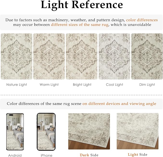 PureCozy 6x9 Area Rug Beige Washable Living Room Bedroom Carpet Vintage Distressed Large Non Slip Low Pile Thin Dining Room Home Office Medallion Accent Rug