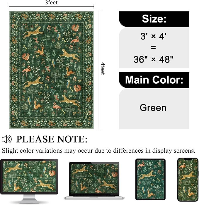 DUKINO 3x4 Washable Entryway Rug, Vintage Animal Ultra Soft Kitchen Area Rug with Non Slip Backing, Low Pile & Stain Resistant Indoor Door Mat for Bathroom, Bedroom, Laundry Room, Office, Green