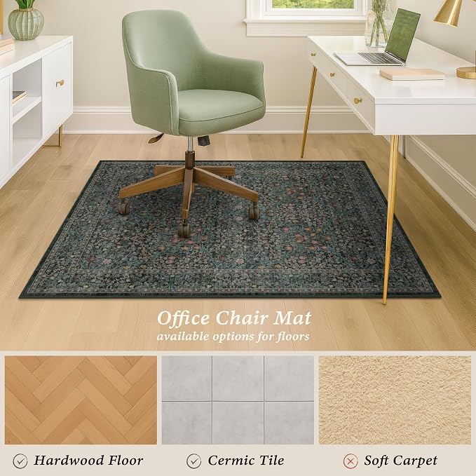 Dark Green 3x5 Office Chair Mat for Hardwood & Tile Floor, Under Desk Rug, Vintage Floral Floor Protector for Rolling Chairs, Office Oriental Low Pile Non Slip & Stain Resistant