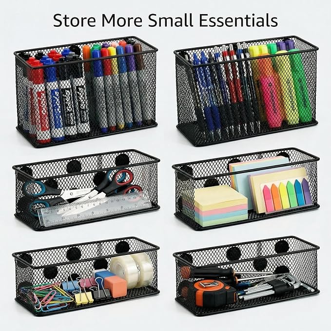 Neudeco Magnetic Locker Organizer, Wire Mesh Storage Basket, Black, 6-Pack | Strong Magnet, Pen Holder for Dry Erase Markers, For Fridge School