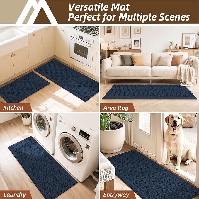 COSY HOMEER 48x20Inch/30X20Inch Kitchen Rugs Sets Non-Slip Washable Kitchen Mats for Floor Polypropylene Absorbent Kitchen Runner for Kitchen Sink Hallway Entryway,Navy Blue