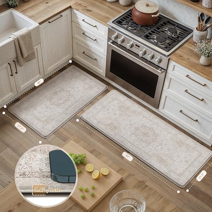 PureCozy Kitchen Mats for Floor Anti Fatigue Cushioned Beige Vintage Kitchen Mats Waterproof Non Slip Comfort Standing Oriental Medallion Runner Rug for Sink Laundry Office Bathroom 17.3"x59"