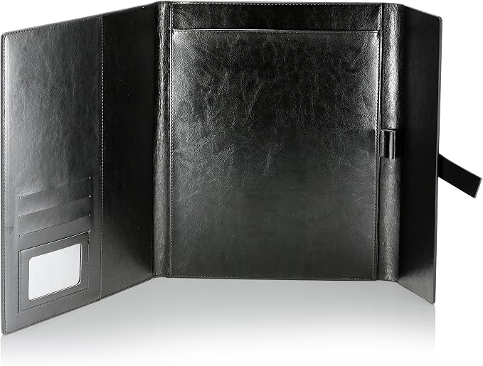 Gallaway Leather Padfolio Portfolio Folder – Slim Portfolio Folio Organizer Holder for Letter Legal A4 Note Pads Notebooks for Men Women Refillable Business Leather Portfolio Binder, Black