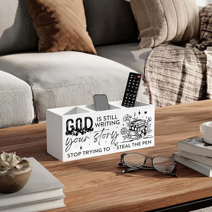 Christian Floral Book Wooden Pen Holder for Desk, God Is Still Writing Your Story Bible Verse Religious Pencil Organizer Wooden Box Sign for Home Office Girls Bedroom Decoration