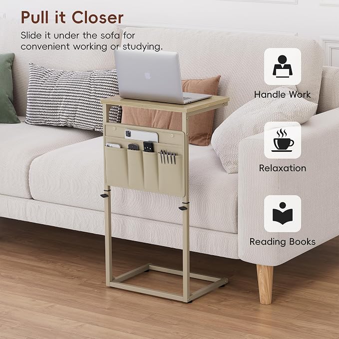 Vagusicc C Shaped End Table, 32'' Tall Side Table for Couch, Adjustable Height Small Couch Side Table for Small Spaces, End Table Slide Under Sofa Table TV Tray Table Arm Table for Living Room